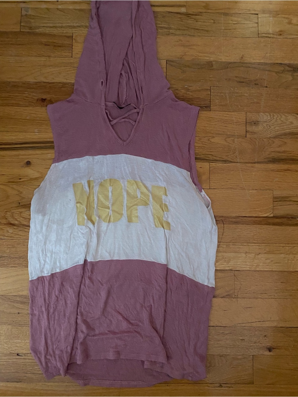 Sleeveless Hooded Tank Top in Dusty Rose with White Panel and Yellow Graphic